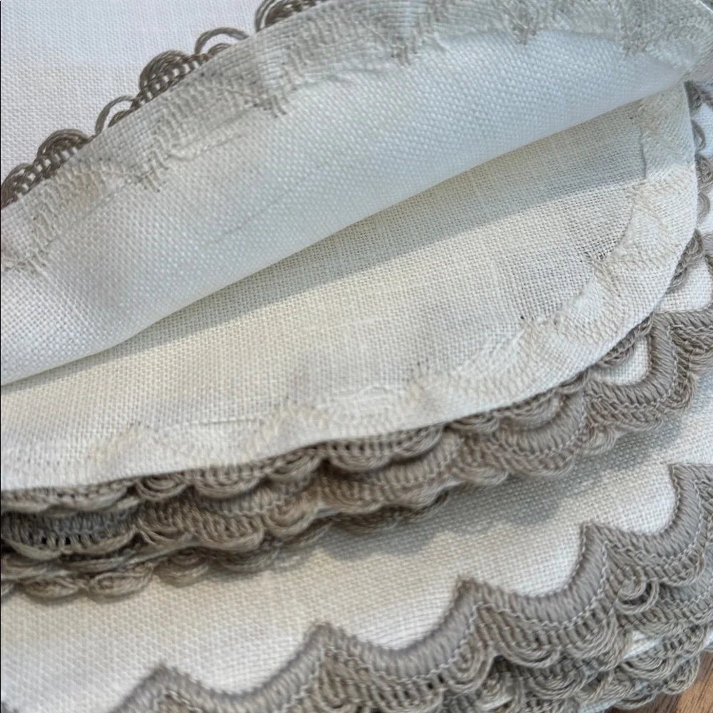 Vintage Linen Tablecloth & 8 Napkins Set Scalloped Crochet Trim Ivory